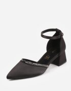 vices Pantofi stiletto Negri de Satin cu Toc Gros cu Branț din Piele Naturală și Zirconii Learetha