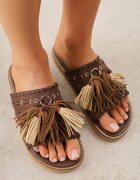 vices Papuci Maro Închis cu Talpă Plată în Stil Boho cu Franjuri Averathla