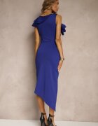 vices Rochie Albastră Asimetrică De Cocktail cu floare 3D și volane Tolelira