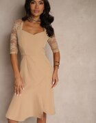vices Rochie Bej Mulată cu Croi Asimetric Decorată cu Dantelă Natileira
