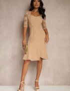 vices Rochie Bej Mulată cu Croi Asimetric Decorată cu Dantelă Natileira