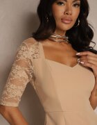 vices Rochie Bej Mulată cu Croi Asimetric Decorată cu Dantelă Natileira