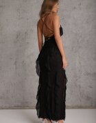 vices Rochie de seară din dantelă fără spate decorată cu volane în cascadă Althephone Neagră