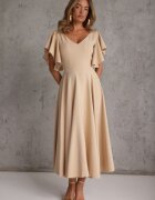 vices Rochie elegantă evazată decorată cu volane pe umeri Nessaza Bej
