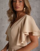 vices Rochie elegantă evazată decorată cu volane pe umeri Nessaza Bej