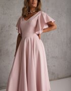 vices Rochie elegantă evazată decorată cu volane pe umeri Nessaza Roz