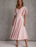 vices Rochie elegantă evazată decorată cu volane pe umeri Nessaza Roz