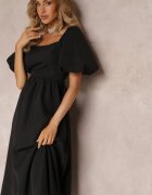 vices Rochie Midi Neagră evazată cu decolteu pătrat și mâneci bufante Briakke