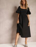 vices Rochie Midi Neagră evazată cu decolteu pătrat și mâneci bufante Briakke