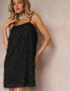 vices Rochie Mini Cocktail Neagră cu Pene Subțiri Clotile