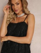 vices Rochie Mini Cocktail Neagră cu Pene Subțiri Clotile