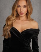 vices Rochie Neagră din Velur Off Shoulder cu Despicătură Elinesh
