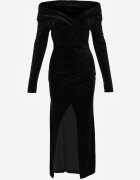 vices Rochie Neagră din Velur Off Shoulder cu Despicătură Elinesh