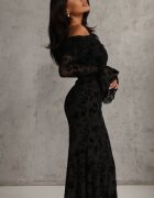 vices Rochie Neagră Elegantă Off Shoulder cu Model Floral din Velur Adrakharei