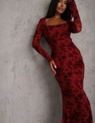 vices Rochie Roșie Bodycon cu plasă decorată cu model floral Rivita