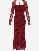 vices Rochie Roșie Bodycon cu plasă decorată cu model floral Rivita
