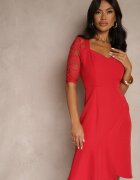 vices Rochie Roșie Mulată cu Croială Asimetrică Decorată cu Dantelă Natileira