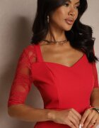 vices Rochie Roșie Mulată cu Croială Asimetrică Decorată cu Dantelă Natileira
