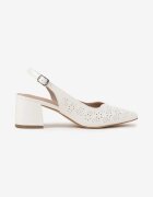 vices Sandale albe cu toc gros Slingback cu partea superioară ajurată și branț din piele Tiranis