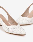 vices Sandale albe cu toc gros Slingback cu partea superioară ajurată și branț din piele Tiranis