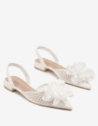 vices Sandale Albe Slingback cu parte superioară din plasă împodobite cu floare 3D Lilivora