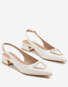 vices Sandale Albe Tip Slingback cu Toc Mic cu Branț din Piele cu Decorațiune Geometrică Lilienia