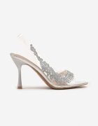 vices Sandale Argintii Transparente cu toc stiletto cu branț din piele și cu Zirconii Oviassa