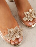 vices Sandale Aurii Transparente cu toc gros Decorate cu zirconii și Floare 3D Lagumare