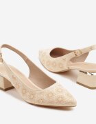 vices Sandale Bej cu toc bloc Slingback cu branț din piele și ornament metalic Ciariloria