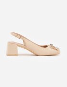 vices Sandale Bej cu toc gros Slingback cu branț din piele și cu zirconii Nimirune