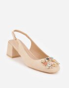 vices Sandale Bej cu toc gros Slingback cu branț din piele și cu zirconii Nimirune