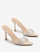 vices Sandale Bej cu toc stiletto cu branț din piele naturală cu zirconii Lumerelle