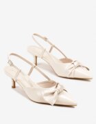 vices Sandale Bej Lăcuite cu Toc Pisicuță Tip Slingback cu Fundă Kovenna