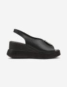 vices Sandale Negre slip-on din Piele Naturală pe Toc Pană cu Aplicație Metalică Risspa