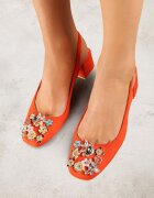 vices Sandale Portocalii cu Toc Bloc Slingback cu Branț din Piele și cu Pietre Nimirune
