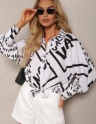 wei wei Cămașă alb-negru cu Mânecă Lungă și Imprimeuri Decorative Legată la Bază Vikna