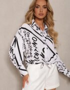 wei wei Cămașă alb-negru cu Mânecă Lungă și Imprimeuri Decorative Legată la Bază Vikna