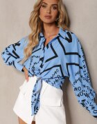 wei wei Cămașă Albastră cu mânecă lungă și inscripții decorative legată la bază Vikna