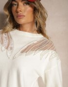 wei wei Pulover alb decorat cu mărgele paiete perle și inserții din plasă Evathraea