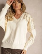 wei wei Pulover Bej-deschis cu mâneci liliac decorat cu paiete și zirconii Nevarraea