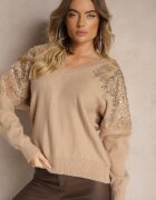 wei wei Pulover Bej închis cu croială liliac Decorat cu paiete și zirconii Nevarraea