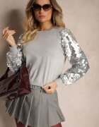 wei wei Pulover clasic gri cu viscoză decorat cu paiete pe mâneci Evasilla
