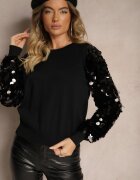 wei wei Pulover Clasic Negru din Viscoză Decorat cu Paiete pe Mâneci Evasilla
