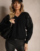 wei wei Pulover Negru cu mâneci liliac decorat cu paiete și zirconii Nevarraea