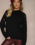 wei wei Pulover Negru Decorat Cu paiete perle și zirconii Nevaselle