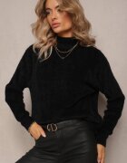 wei wei Pulover pe gât pufos negru cu mânecă lungă și borduri reiate Caelina