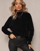 wei wei Pulover pe gât pufos negru cu mânecă lungă și borduri reiate Caelina