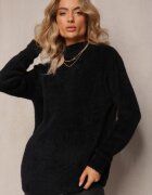 wei wei Pulover pe gât pufos negru cu mânecă lungă și borduri reiate Caelina