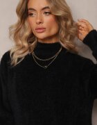 wei wei Pulover pe gât pufos negru cu mânecă lungă și borduri reiate Caelina
