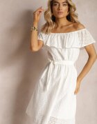 wei wei Rochie Albă Brodată Tip spaniolă cu elastic și curea în talie Qira